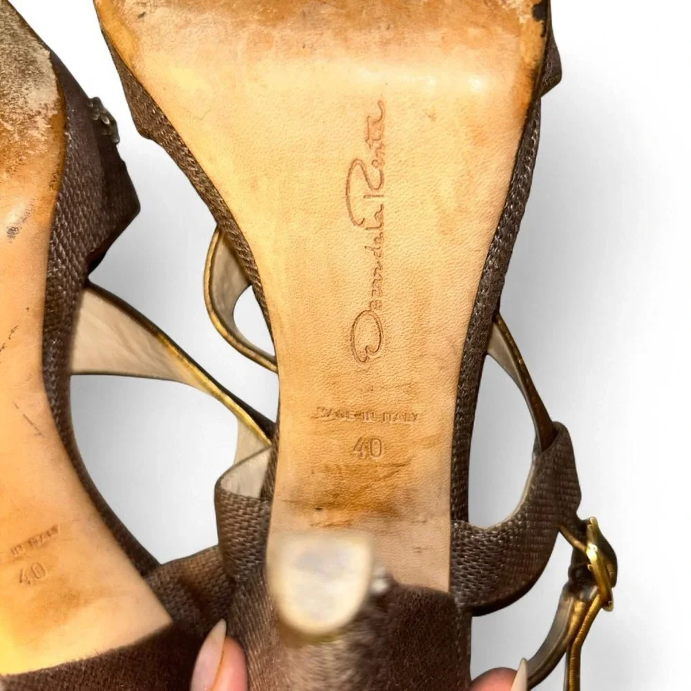 Oscar De La Renta Sz 40 Linen High Heel Sandal Beaded Rhinestone Embellished